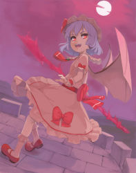 Rule 34 | 1girl, :d, ascot, bat wings, bow, dress, female focus, full moon, hat, highres, kuroko (piii), looking at viewer, mary janes, moon, open mouth, purple hair, red eyes, remilia scarlet, shoes, short hair, smile, solo, spear the gungnir, touhou, wings, wrist cuffs