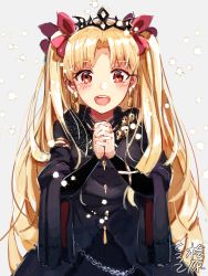 Rule 34 | bad id, bad pixiv id, blonde hair, blush, ereshkigal (fate), fate/grand order, fate (series), highres, jacket, lancer (ereshkigal), long hair, own hands clasped, own hands together, red eyes, smile, solo, tohsaka rin, two side up, very long hair