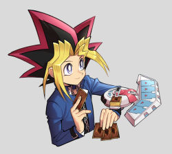 Rule 34 | 1boy, black hair, blonde hair, blue jacket, bright pupils, card, chain, closed mouth, collar, commentary request, duel disk, dyed bangs, grey background, hands up, holding, holding card, jacket, koma yoichi, long sleeves, male focus, muto yugi, open clothes, open jacket, purple eyes, purple hair, smile, solo, upper body, white pupils, yu-gi-oh!, yu-gi-oh! duel monsters