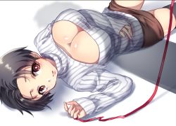 Rule 34 | 1girl, bad id, bad pixiv id, black hair, black thighhighs, breasts, brown eyes, cleavage, cleavage cutout, clothing cutout, freckles, genderswap, genderswap (mtf), large breasts, lying, marco bott, meme attire, on back, open-chest sweater, pencil skirt, red ribbon, ribbed sweater, ribbon, shingeki no kyojin, short hair, skirt, solo, sweater, thighhighs, yukihino f