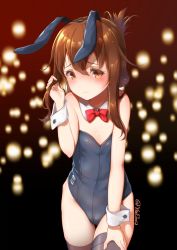 Rule 34 | 1girl, animal ears, bare shoulders, black leotard, black thighhighs, blush, bow, bowtie, breasts, brown eyes, brown hair, closed mouth, collar, commentary request, cowboy shot, detached collar, fake animal ears, folded ponytail, groin, hair between eyes, highleg, highleg leotard, inazuma (kancolle), kantai collection, leotard, long hair, looking at viewer, playboy bunny, rabbit ears, rabbit girl, red bow, red bowtie, revision, sidelocks, small breasts, solo, strapless, strapless leotard, thigh gap, thighhighs, twitter username, white collar, wing collar, wrist cuffs, yaosera