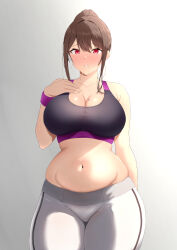 Rule 34 | 1girl, blush, breasts, brown hair, cleavage, collarbone, gradient background, grin, gym pants, gym shirt, highres, large breasts, looking at viewer, mature female, mole, mole on breast, navel, original, parted lips, plump, ponytail, ranhatu, red eyes, shirt, sidelocks, simple background, skindentation, smile, solo, sweat, thick thighs, thighs, wide hips