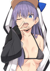 Rule 34 | 1girl, animal hood, bare shoulders, bikini, black bikini, black jacket, blue bow, blue eyes, blush, bow, breasts, collarbone, fate/grand order, fate (series), hood, hood up, jacket, long hair, long sleeves, looking at viewer, meltryllis, meltryllis (fate), meltryllis (swimsuit lancer) (fate), meltryllis (swimsuit lancer) (first ascension) (fate), one eye closed, open clothes, open jacket, open mouth, penguin hood, purple hair, shiseki hirame, simple background, sleeves past wrists, small breasts, swimsuit, tongue, tongue out, v, white background