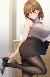 Rule 34 | 1girl, bag, bare arms, bare shoulders, black footwear, blush, breasts, brown eyes, brown hair, brown pantyhose, brown skirt, commentary request, earrings, feet, highres, indoors, jewelry, large breasts, mole, mole under eye, original, pantyhose, parted lips, shirt tucked in, short hair, skirt, sleeveless, sleeveless turtleneck, solo, thighs, turtleneck, udon (udonalium)