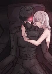 Rule 34 | 1boy, 1girl, 621 (armored core 6), armored core, armored core 6, ayre (armored core 6), bandages, cockpit, highres, pale skin, pilot suit, red eyes, white hair