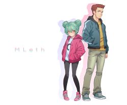Rule 34 | 1boy, 1girl, artist name, back-to-back, black pantyhose, blush, brown hair, casual, commentary, double bun, english commentary, eyebrow piercing, facial hair, flat chest, full body, green eyes, green hair, hair between eyes, hair bun, hands in pockets, height difference, highres, hood, hood down, hooded jacket, jacket, mleth, open clothes, open jacket, original, pantyhose, petite, piercing, pigeon-toed, shoes, simple background, sneakers, standing, stubble