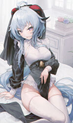 Rule 34 | 1girl, ahoge, alternate costume, arm support, bed, bell, black dress, blue hair, breasts, collared dress, cowbell, cross, dress, frilled dress, frills, ganyu (genshin impact), genshin impact, goat horns, habit, hand on own stomach, highres, horns, indoors, jewelry, long hair, long sleeves, looking at viewer, low ponytail, medium breasts, necklace, no panties, on bed, parted lips, pelvic curtain, purple eyes, sitting, skindentation, solo, thighhighs, thighs, ttutto, two-tone dress, veil, very long hair, white dress, white thighhighs, wing collar