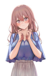 Rule 34 | 1girl, :i, blouse, blue shirt, blush, breasts, brown hair, bunching hair, closed mouth, commentary request, cowboy shot, grey skirt, hair between eyes, highres, inui shinju, large breasts, long hair, looking at viewer, pout, purple eyes, ru zhai, shirt, short sleeves, simple background, skirt, solo, sono bisque doll wa koi wo suru, v-shaped eyebrows, white background, wide-eyed