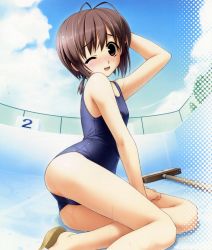Rule 34 | 1girl, absurdres, amatsume akira, antenna hair, arm behind head, blush, broom, brown hair, cloud, day, empty pool, flat chest, hashimoto takashi, highres, looking back, one-piece swimsuit, one eye closed, open mouth, pool, sandals, school swimsuit, short hair, sky, solo, swimsuit, wet, wink, yosuga no sora