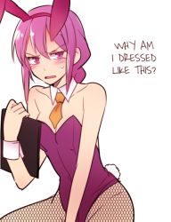 Rule 34 | 00s, 1girl, 6 (yuchae), bare shoulders, blush, braid, breasts, rabbit tail, clipboard, detached collar, embarrassed, fishnet pantyhose, fishnets, hard-translated, long hair, melty blood, necktie, pantyhose, playboy bunny, purple eyes, purple hair, single braid, sion eltnam atlasia, small breasts, solo, sweatdrop, tail, third-party edit, translated, tsukihime, wrist cuffs