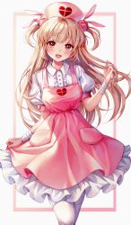 Rule 34 | 1girl, absurdres, blush, brown hair, collared shirt, hat, heart, highres, long hair, looking at viewer, natori sana, nurse cap, open mouth, puffy short sleeves, puffy sleeves, red eyes, sana channel, shirt, short sleeves, smile, thighhighs, ttosom, very long hair, virtual youtuber, white shirt, white thighhighs