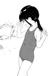 Rule 34 | 1girl, dx (dekusu), closed eyes, flat chest, greyscale, highres, monochrome, original, school swimsuit, solo, swimsuit, twintails, water, wet, white background