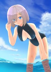 Rule 34 | 10s, 1girl, alternate costume, bent over, blue eyes, breasts, cleavage, cloud, day, female focus, front zipper swimsuit, hair over one eye, hamakaze (kancolle), hand in own hair, hanging breasts, kantai collection, large breasts, meme attire, one-piece swimsuit, partially submerged, partially underwater shot, shizukage (shizukageya), short hair, silver hair, sizukage, sky, smile, solo, swimsuit, underwater, wading, water, wet