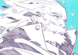 Rule 34 | 1boy, beard, blue background, cape, closed eyes, facial hair, fate/grand order, fate (series), flower, happy aura, hatching (texture), linear hatching, long hair, male focus, monochrome, old, old man, ptolemy (fate), ryuuki garyuu, upper body, wrinkled skin