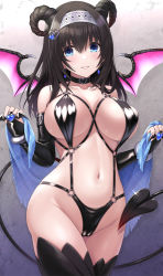 Rule 34 | 1girl, alternate costume, black hair, black horns, black one-piece swimsuit, black thighhighs, breasts, bridal gauntlets, commentary request, demon girl, demon horns, demon tail, demon wings, hair between eyes, hair ornament, hairband, heart, heart hair ornament, horns, idolmaster, idolmaster cinderella girls, large breasts, long hair, looking at viewer, navel, one-piece swimsuit, parted lips, sagisawa fumika, slingshot swimsuit, smile, solo, swimsuit, tail, thighhighs, thighs, urabi (tomatohouse), white hairband, wings