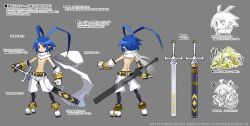 Rule 34 | 1boy, alternate color, alternate costume, antenna hair, belt, black legwear, blue hair, bracelet, character sheet, concept art, cross, disgaea, disgaea rpg, fang, gauntlets, harada takehito, jewelry, laharl, light persona, male focus, official art, open mouth, pointy ears, red eyes, scarf, shoes, shorts, smile, solo, sword, topless male, translation request, weapon, wings