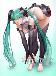 Rule 34 | 1girl, absurdres, alternate costume, ass, bare shoulders, bent over, black thighhighs, blush, breasts, cleavage, cleavage cutout, clothing cutout, elbow gloves, feet, full body, gloves, green eyes, green hair, hair between eyes, hatsune miku, highleg, highleg leotard, highres, huge ass, kairunoburogu, leaning forward, leotard, long hair, looking at viewer, medium breasts, nail polish, narrow waist, number tattoo, redrawn, shoulder tattoo, smile, solo, tattoo, thick thighs, thighhighs, thighs, toenail polish, toenails, toes, twintails, very long hair, vocaloid, wide hips