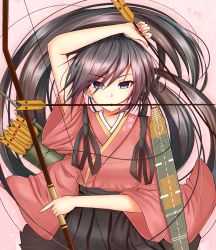 Rule 34 | 10s, 1girl, anchor symbol, arm up, arrow (projectile), holding behind back, black hair, black ribbon, black skirt, blue eyes, box, cherry blossoms, dual wielding, expressionless, eyebrows, fingernails, flight deck, floating hair, floral print, hair over one eye, hakama, hakama short skirt, hakama skirt, highres, holding, holding box, holding weapon, houshou (kancolle), index finger raised, japanese clothes, kantai collection, long hair, long sleeves, looking at viewer, mouth hold, nontraditional miko, parted lips, petals, pink background, pleated skirt, ponytail, quiver, ribbon, sazamiso rx, simple background, skirt, solo, tsurime, very long hair, weapon, wide sleeves