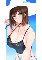 Rule 34 | 1girl, absurdres, bare shoulders, bikini, black bikini, blue bikini, braid, breasts, brown hair, charlotte corday (fate), charlotte corday (swimsuit caster) (fate), charlotte corday (swimsuit caster) (first ascension) (fate), cleavage, collarbone, crimecrime, fate/grand order, fate (series), flower, green eyes, hat, highres, jewelry, large breasts, looking at viewer, mismatched bikini, navel, necklace, pendant, short hair, side braid, solo, sun hat, swimsuit, white hat