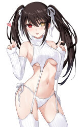Rule 34 | 1girl, :p, asle, asymmetrical hair, bare shoulders, black hair, breasts, clock eyes, commentary, cowboy shot, date a live, detached sleeves, hands up, heart, heterochromia, highres, looking at viewer, medium breasts, meme attire, mismatched pupils, navel, panties, red eyes, simple background, solo, stomach, sweater, symbol-shaped pupils, tokisaki kurumi, tongue, tongue out, turtleneck, turtleneck sweater, twintails, underboob, underwear, virgin destroyer sweater, white background, white panties, yellow eyes