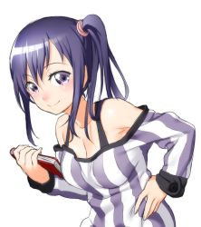 Rule 34 | 10s, 1girl, bare shoulders, blue hair, blush, book, breasts, cleavage, collarbone, detached sleeves, holding, imai midori, leaning forward, long hair, long sleeves, looking at viewer, off shoulder, onsoku inu, purple eyes, shirobako, shirt, side ponytail, smile, solo, striped clothes, striped shirt, vertical-striped clothes, vertical-striped shirt