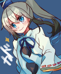 Rule 34 | 1girl, blue background, blue eyes, blue hat, closed mouth, commentary request, grey hair, hat, long hair, long sleeves, meimei (meimei89008309), mononobe no futo, pom pom (clothes), ponytail, ribbon-trimmed sleeves, ribbon trim, simple background, sleeves past wrists, smile, solo, star (symbol), tate eboshi, touhou, upper body