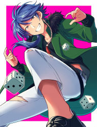 Rule 34 | 1boy, arisugawa dice, asada hachi, bad id, bad pixiv id, beads, belt, black footwear, black shirt, blue hair, border, commentary request, dice, from below, fur-trimmed jacket, fur trim, green jacket, grin, hair beads, hair between eyes, hair ornament, hypnosis mic, jacket, long hair, looking at viewer, male focus, open clothes, open jacket, outside border, pants, pink background, purple eyes, shirt, shoes, smile, solo, torn clothes, torn pants, twitter username, watermark, white border, white pants