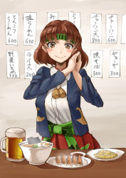 Rule 34 | alcohol, beer, blouse, brown eyes, brown hair, camouflage, camouflage skirt, chiyoda (kancolle), dumpling, food, food focus, fried rice, headband, jacket, jiaozi, kantai collection, mayura (lucadia), medium hair, noodles, own hands together, plate, ramen, shirt, skirt, smile, table, white shirt