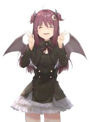 Rule 34 | 1girl, :d, ^ ^, ahoge, bat hair ornament, black capelet, black dress, blush, bow, breasts, brown bow, brown hair, brown wings, capelet, closed eyes, commentary, crescent, crescent hair ornament, demon girl, demon horns, demon wings, double w, dress, facing viewer, fang, hair between eyes, hair intakes, hair ornament, hands up, highres, horns, long hair, long sleeves, nijisanji, open mouth, simple background, small breasts, smile, solo, two side up, uno ryoku, very long hair, virtual youtuber, w, white background, wings, yuzuki roa