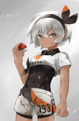 Rule 34 | 1girl, absurdres, bea (pokemon), black bodysuit, black hairband, bodysuit, bodysuit under clothes, bow hairband, clenched hand, collared shirt, commentary request, covered navel, creatures (company), game freak, grey eyes, hair between eyes, hairband, hand up, highres, holding, holding poke ball, nintendo, poke ball, poke ball (basic), pokemon, pokemon swsh, print shirt, print shorts, shirt, short hair, short sleeves, shorts, side slit, side slit shorts, solo, tchairss, white hair