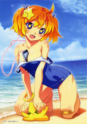Rule 34 | 1girl, :d, bandaid, bandaid on knee, bandaid on leg, barefoot, beach, between breasts, blue eyes, blush, bracelet, breasts, cellphone, day, digital media player, earbuds, earphones, fang, full body, hair ornament, highres, iphone, ipod, jewelry, kneeling, looking at viewer, multicolored hair, one-piece swimsuit, open mouth, outdoors, phone, plim, school swimsuit, short hair, smartphone, smile, solo, star-shaped pupils, star (symbol), swimsuit, symbol-shaped pupils, twinkle soft, watanabe akio, water