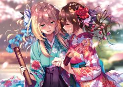 Rule 34 | 2girls, blonde hair, blue flower, blurry, blurry background, blush, cherry blossoms, depth of field, flower, hair between eyes, hair flower, hair ornament, hakama, hakama skirt, highres, holding, holding hands, japanese clothes, kimono, long sleeves, looking at another, multiple girls, open mouth, original, piromizu, purple hakama, red flower, sad smile, skirt, smile, stitched, tears, third-party edit