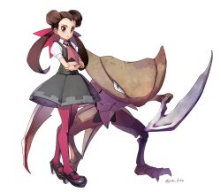 Rule 34 | 1girl, ascot, black footwear, blush, brown hair, closed mouth, collared shirt, commentary, creatures (company), crossed arms, double bun, dress, eyelashes, game freak, gen 1 pokemon, grey dress, hair bun, hair pulled back, hair ribbon, highres, jako (boke poke), kabutops, long hair, looking at viewer, nintendo, pantyhose, pinafore dress, pokemon, pokemon (creature), pokemon oras, puffy short sleeves, puffy sleeves, purple pantyhose, red eyes, ribbon, roxanne (pokemon), shirt, shoes, short dress, short sleeves, simple background, sleeveless, sleeveless dress, smile, standing, twintails, twitter username, white background, white shirt, wing collar