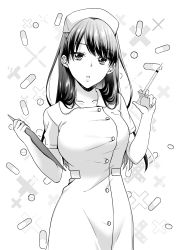 Rule 34 | 1girl, :o, absurdres, breasts, clipboard, greyscale, hat, highres, holding, holding syringe, ice cream kanojo, kawai miruku, kuune rin, large breasts, long hair, looking at viewer, monochrome, nurse, nurse cap, parted lips, pill, short sleeves, solo, syringe