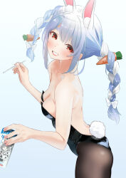 Rule 34 | 1girl, absurdres, animal ears, ass, bare shoulders, blue hair, bow, braid, breasts, carrot hair ornament, drinking straw, food-themed hair ornament, hair bow, hair ornament, highres, holding, hololive, leotard, looking at viewer, medium breasts, milk carton, multicolored hair, pantyhose, pink eyes, playboy bunny, rabbit ears, rabbit tail, smile, solo, strapless, strapless leotard, tail, tama (tamago), twin braids, usada pekora, virtual youtuber, white hair