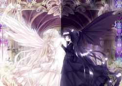 Rule 34 | 2girls, 54hao, absurdly long hair, absurdres, angel, angel wings, bad id, bad pixiv id, black dress, black wings, blonde hair, blunt bangs, church, closed eyes, commentary request, demon girl, demon wings, dress, face-to-face, feathered wings, flower, frills, gothic lolita, hair flower, hair ornament, hairband, highres, holding hands, indoors, ivy, lolita fashion, lolita hairband, long hair, long sleeves, multiple girls, original, pillar, profile, stained glass, statue, symmetry, very long hair, white dress, white wings, wings