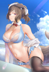 Rule 34 | 1girl, animal ears, blue sky, bow, bowtie, breasts, brown hair, cleavage, day, detached collar, dog ears, dungeon ni deai wo motomeru no wa machigatteiru darou ka, highres, knsei, large breasts, looking at viewer, navel, naza erisuis, outdoors, purple eyes, see-through, short hair, sky, smile, solo, swimsuit, tail, thighhighs, wet