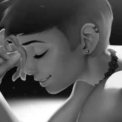Rule 34 | 1girl, bad id, bad twitter id, choker, close-up, closed eyes, commentary, dimple, ear piercing, earrings, english commentary, freckles, from side, greyscale, highres, jewelry, lips, monochrome, multicolored hair, nose piercing, original, parted lips, piercing, pudgeruffian, realistic, riley fairfeather, short hair, smile, solo, two-tone hair, very short hair
