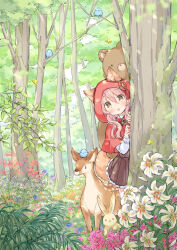Rule 34 | 1girl, :o, animal, animal ears, bear, bird, blush, brown eyes, brown skirt, bug, butterfly, capelet, commentary request, deer, ears through headwear, fang, flower, forest, frilled skirt, frills, hair between eyes, hands up, hood, hood up, hooded capelet, insect, long sleeves, nature, original, outdoors, parted lips, peeking out, pink hair, pleated skirt, rabbit, red capelet, shirt, skirt, sleeves past wrists, solo, tail, thighhighs, tree, wataame27, white flower, white shirt, white thighhighs, wolf-chan (wataame27), wolf ears, wolf girl, wolf tail