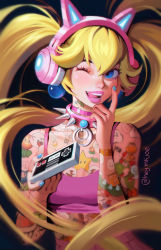 Rule 34 | 1girl, ? block, absurdres, alternate hairstyle, animal ear headphones, blonde hair, blue nails, blurry, blurry background, boo (mario), bowser, brick block, bullet bill, cat ear headphones, character tattoo, collar, controller, depth of field, fake animal ears, fire flower, game console, game controller, gamepad, golden mushroom, green shell (mario), hand up, headphones, highres, holding, holding controller, ice flower, index finger raised, koopa troopa, long hair, looking at viewer, luigi, mario, mario (series), mkchainsaw, nail polish, nes, nintendo, one eye closed, paper mario, piranha plant, princess peach, red shell (mario), smile, spiked collar, spikes, super star (mario), super mario bros. 1, teeth, toad (mario), tongue, tongue out, treasure chest, twintails, yoshi