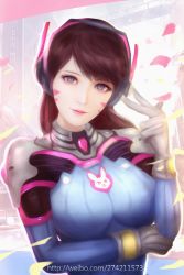 Rule 34 | 1girl, alternate breast size, animal print, armor, bodysuit, bracer, breasts, brown eyes, brown hair, chinese text, closed mouth, d.va (overwatch), facepaint, facial mark, gloves, hand to head, hand up, headphones, large breasts, lips, lipstick, long hair, long sleeves, makeup, overwatch, overwatch 1, pauldrons, pilot suit, pink lips, rabbit print, ribbed bodysuit, shoulder armor, shoulder pads, skin tight, smile, solo, swept bangs, turtleneck, upper body, watermark, web address, whisker markings, white gloves, zhai xiao fei