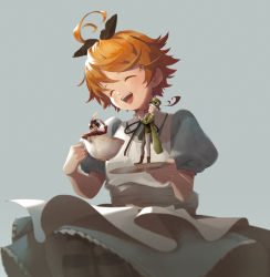 Rule 34 | 1girl, :d, ^ ^, absurdres, apron, awarin, black bow, blue shirt, blue skirt, bow, brown hair, closed eyes, cup, emma (yakusoku no neverland), hair bow, head tilt, highres, holding, holding cup, norman (yakusoku no neverland), open mouth, pantyhose, ray (yakusoku no neverland), shirt, short hair, short sleeves, sitting, skirt, smile, solo, striped clothes, striped pantyhose, teacup, white apron, yakusoku no neverland