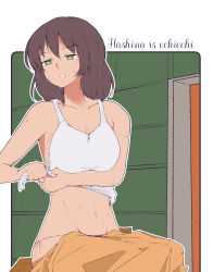 Rule 34 | 1girl, black panties, bob cut, brown hair, character name, commentary, cursive, dark-skinned female, dark skin, english text, female focus, girls und panzer, green eyes, highres, hoshino (girls und panzer), jumpsuit, jumpsuit pull, looking to the side, mechanic, medium hair, navel, orange jumpsuit, outline, outside border, panties, parted lips, rounded corners, shirt, side-tie panties, sitting, solo, string panties, sweat, tank top, underwear, uniform, white outline, white shirt, wringing clothes, zannen hero