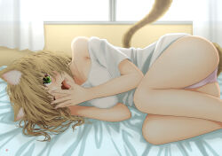 Rule 34 | 1girl, absurdres, animal ears, bed sheet, blonde hair, cat ears, cat girl, cat tail, commentary, commentary request, curtains, english commentary, fang, green eyes, hand to own mouth, highres, indoors, looking at viewer, lying, medium hair, mixed-language commentary, nao suke, no pants, off shoulder, on bed, on side, one eye closed, open mouth, original, panties, shirt, short sleeves, skin fang, sleepy, solo, t-shirt, tail, tearing up, underwear, waking up, white panties, white shirt, window, yawning