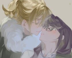 Rule 34 | 2girls, black-framed eyewear, blonde hair, blush, brown background, daiba nana, ellie niunai zhuyi zhe, face-to-face, fur-trimmed jacket, fur trim, glasses, green eyes, green jacket, hair between eyes, hair over shoulder, half-closed eyes, hoshimi junna, jacket, long hair, looking at another, looking down, looking to the side, looking up, multiple girls, official alternate costume, parted lips, portrait, profile, purple hair, short hair, short twintails, shoujo kageki revue starlight, simple background, sketch, twintails, white jacket, yuri
