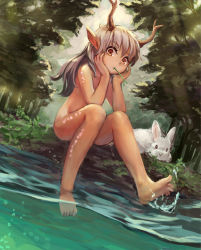 Rule 34 | 1girl, air bubble, animal, antlers, barefoot, bubble, day, dutch angle, forest, full body, hands on own cheeks, hands on own face, horns, long hair, looking down, loolook, mouth hold, nature, nude, orange eyes, original, outdoors, partially underwater shot, pointy ears, rabbit, shore, silver hair, sitting, soaking feet, solo, splashing, sunlight, tareme, tentacles, water