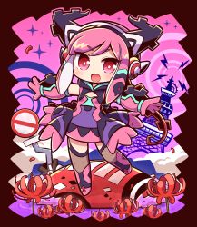 Rule 34 | 1girl, :d, boots, brown thighhighs, chibi, commentary request, copyright request, dress, flower, full body, gloves, headphones, highres, knee boots, lightning bolt symbol, long hair, looking at viewer, naga u, no entry sign, open mouth, outstretched arms, pink footwear, pink gloves, pink hair, purple dress, red eyes, red flower, road sign, sidelocks, sign, smile, solo, sparkle, spider lily, spread arms, standing, standing on one leg, thighhighs, thighhighs under boots