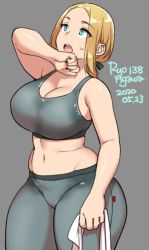 Rule 34 | 1girl, :o, agawa ryou, aqua eyes, bare shoulders, blonde hair, breasts, cleavage, commentary, curvy, english commentary, grey background, grey pants, holding, holding towel, large breasts, looking up, mature female, midriff, navel, open mouth, original, pants, parted bangs, sidelocks, signature, solo, sports bra, standing, sweat, thick thighs, thighs, towel, white towel, yoga pants