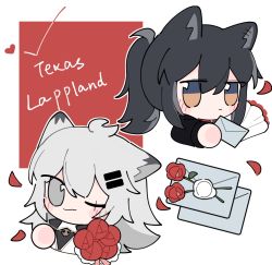 Rule 34 | 2girls, animal ears, antenna hair, arknights, black hair, black jacket, blush, bouquet, character name, commentary request, cropped torso, ear piercing, envelope, flower, grey eyes, grey hair, hair between eyes, hair ornament, hairclip, highres, holding, holding bouquet, holding envelope, jacket, lappland (arknights), lappland (refined horrormare) (arknights), letter, long hair, looking at viewer, love letter, multiple girls, official alternate costume, one eye closed, petals, piercing, ponytail, red flower, red shirt, shirt, smile, texas (arknights), texas (willpower) (arknights), upper body, wax seal, white jacket, wolf ears, xijian, yellow eyes