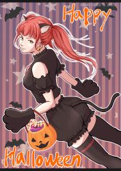 Rule 34 | 1girl, absurdres, animal ears, animal hands, bad id, bad pixiv id, candy, cat ears, cat girl, cat tail, detached sleeves, earrings, food, gloves, green eyes, happy halloween, highres, jack-o&#039;-lantern, jewelry, lollipop, miki (miki125dragon), mole, mole under eye, orange hair, original, paw gloves, pumpkin pants, shirt, short sleeves, sleeveless, sleeveless shirt, smile, solo, striped, striped background, tail, thighhighs, twintails